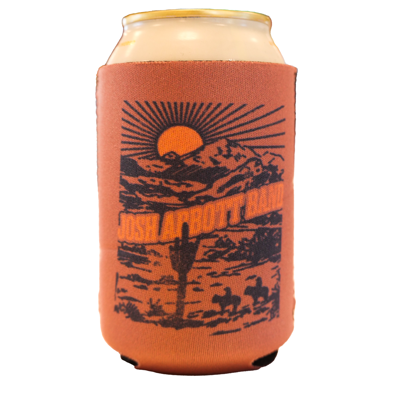 Orange can cooler with a desert landscape design featuring a sunset, mountains, and cactus.