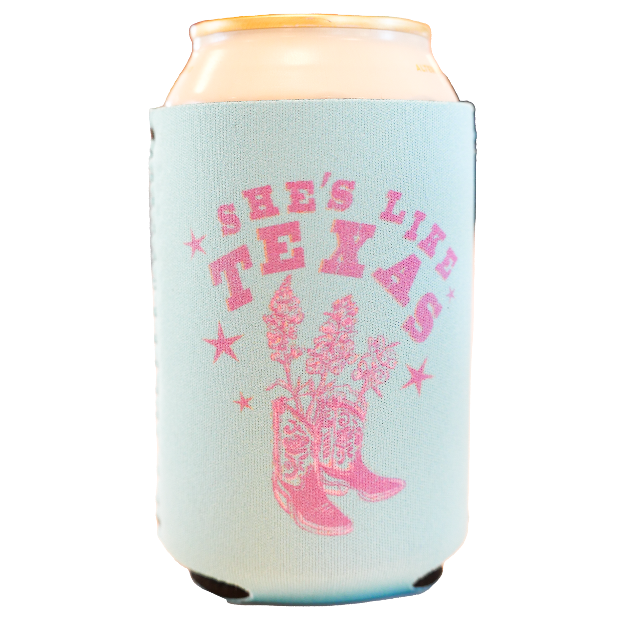 Light blue can cooler with pink ’She’s Wild Texas’ text and cowboy boot design.