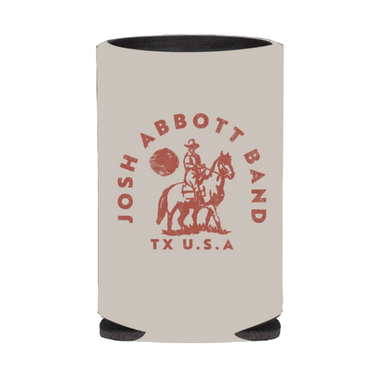 Beige drink koozie with red ’Josh Abbott Band TX U.S.A’ logo featuring a cowboy on horseback.