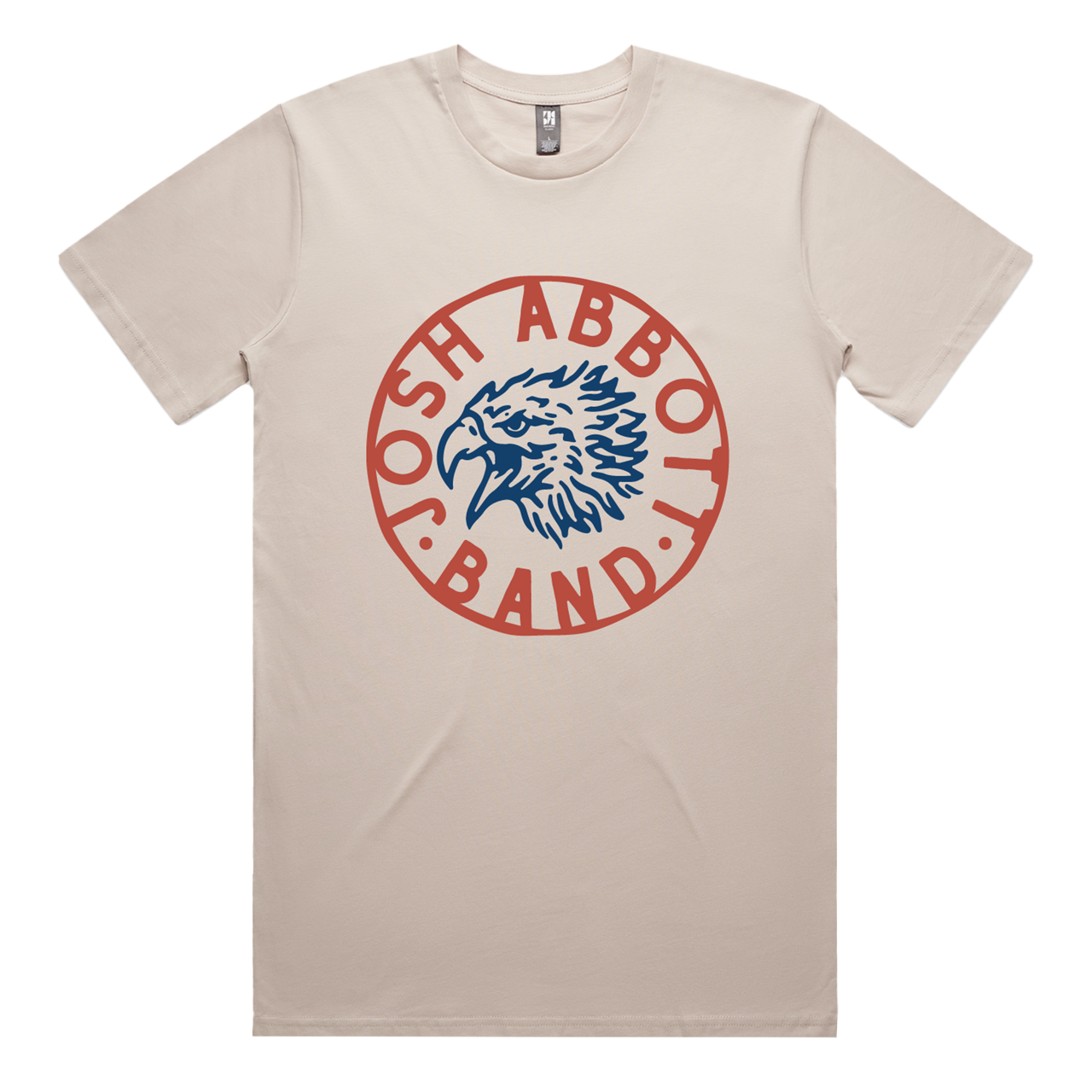 Beige t-shirt featuring a circular red logo with an eagle head design and text.