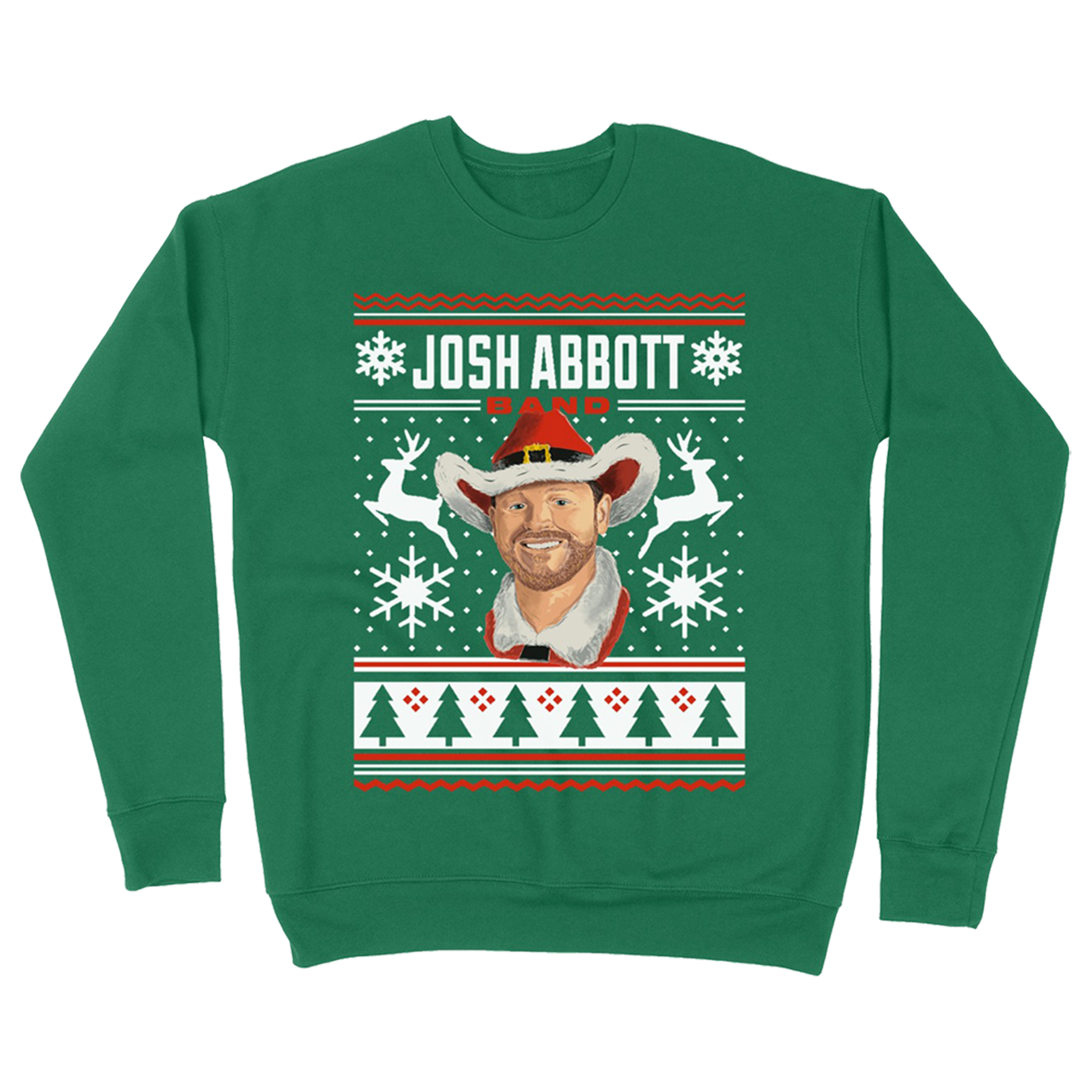 Green Christmas-themed sweatshirt featuring a cowboy design and the name ’Josh Abbott’.