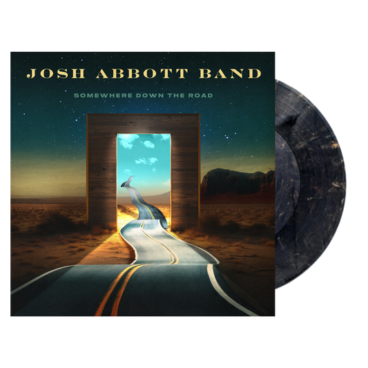 Album cover for ’Somewhere Down the Road’ by Josh Abbott Band featuring a surreal desert road scene with a glowing doorway.
