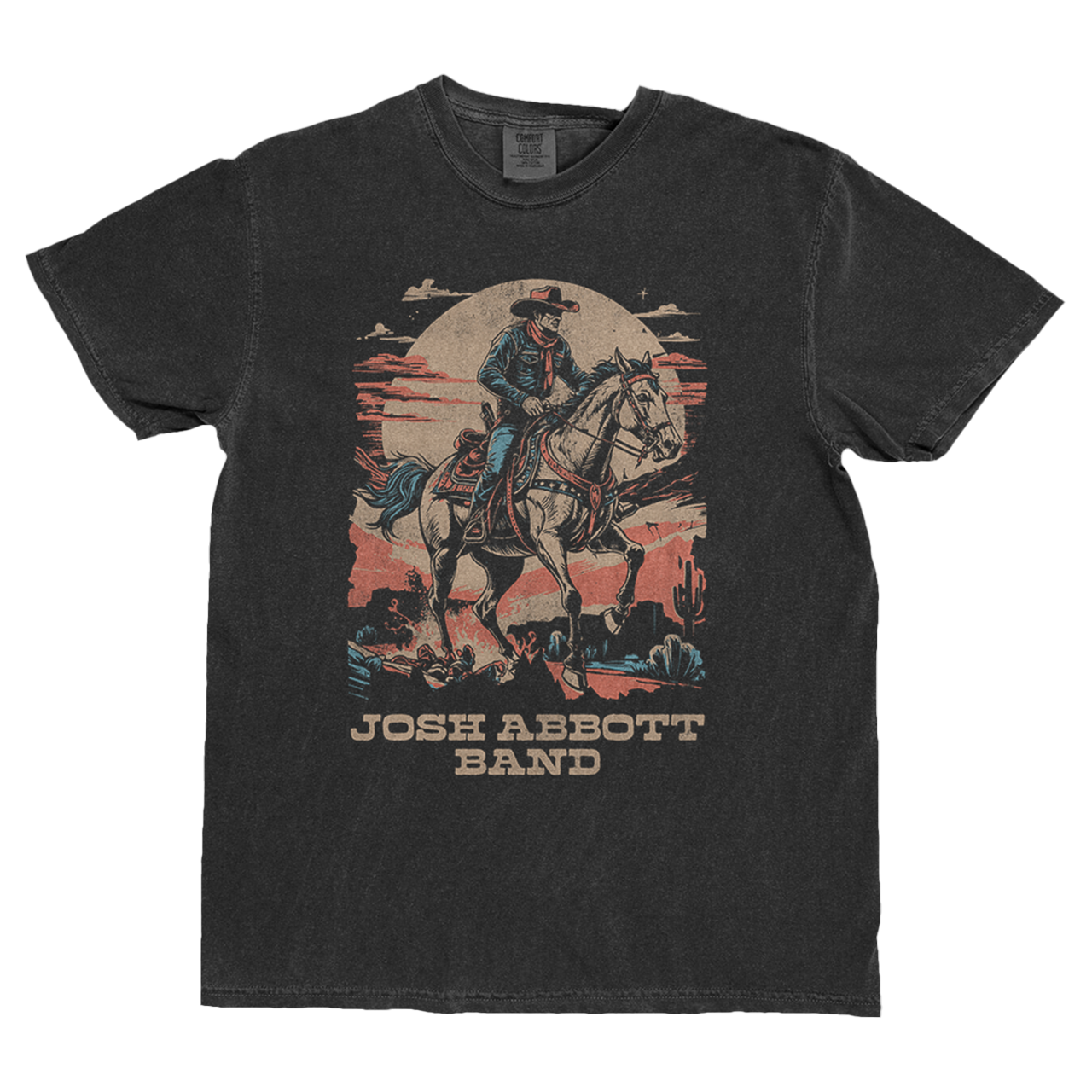 Black t-shirt featuring a cowboy on horseback design with ’Josh Abbott Band’ text.