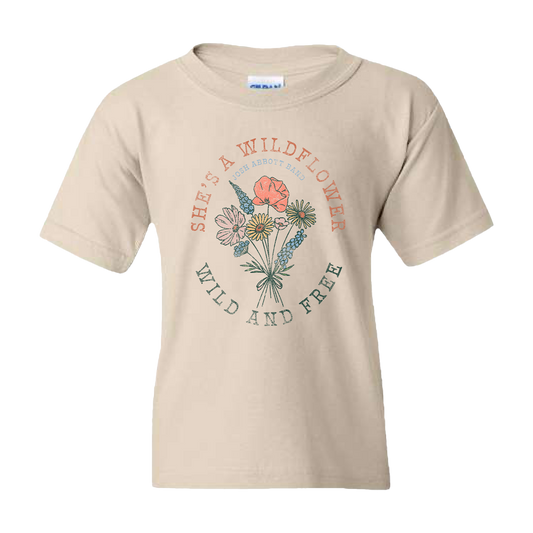 Beige t-shirt with a floral design and text printed on the front.