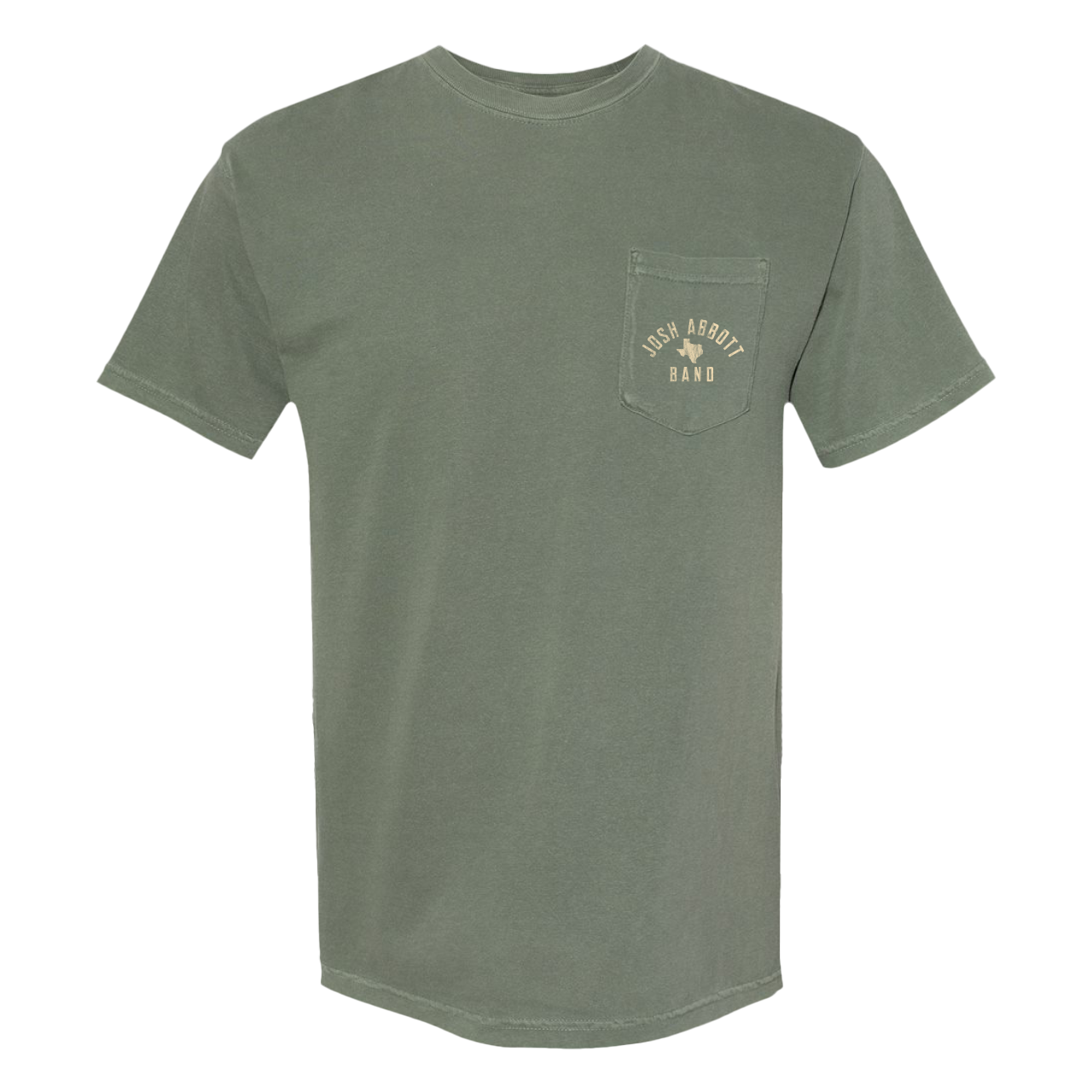 Olive green t-shirt with a small chest pocket featuring a printed design.