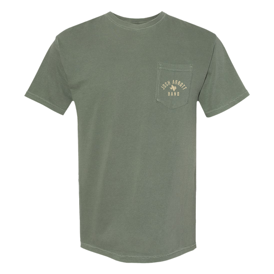 Olive green t-shirt with a small chest pocket featuring a printed design.