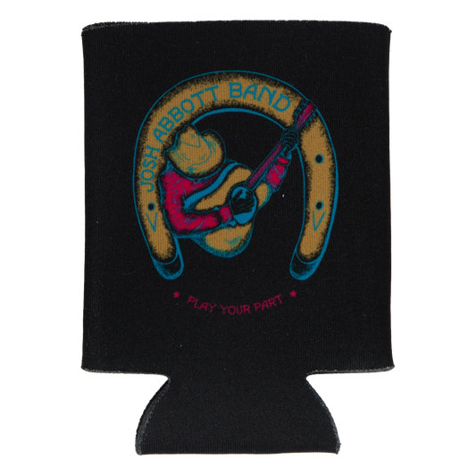 Black beverage cooler sleeve with a colorful circular logo design.