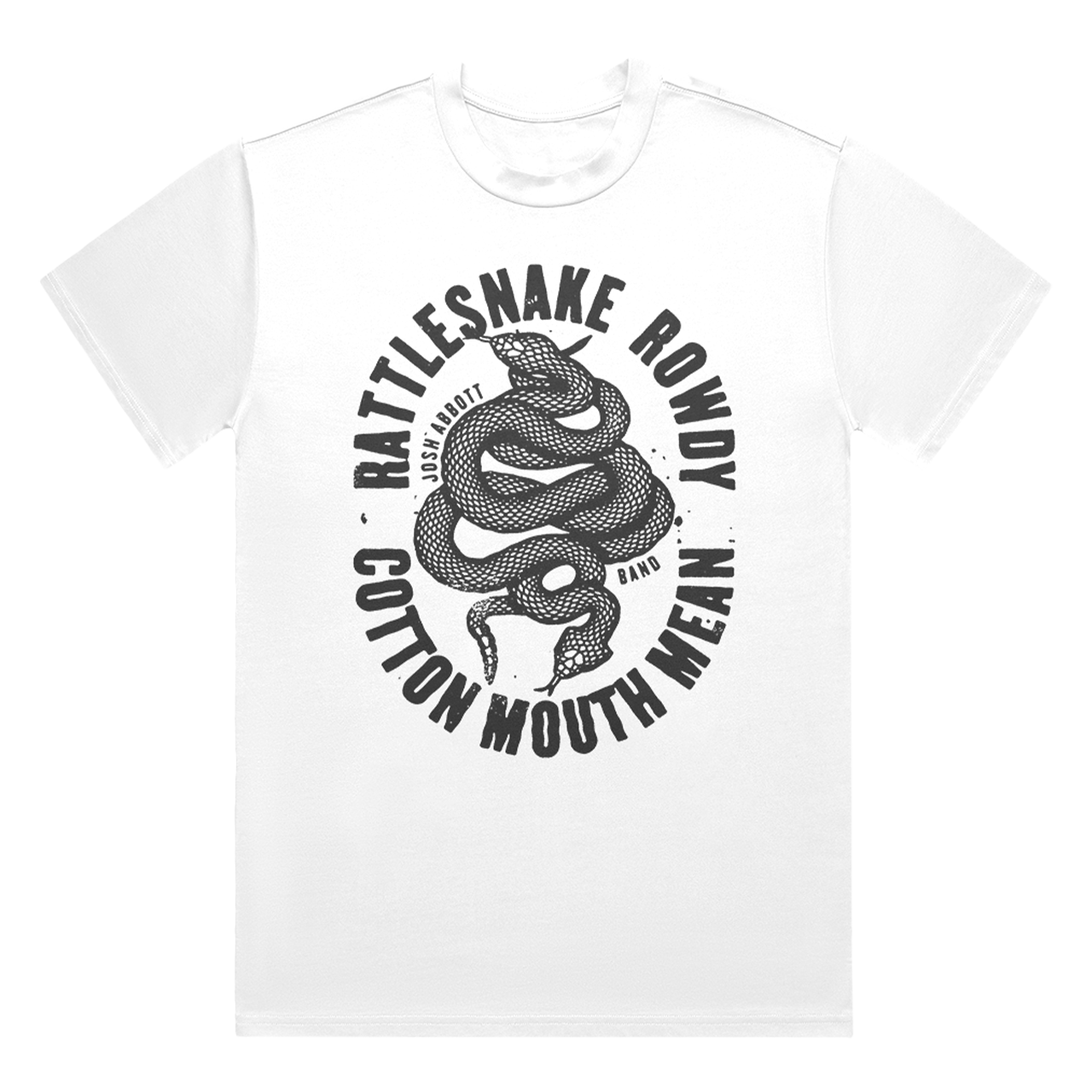 White t-shirt with a black rattlesnake design and circular text.