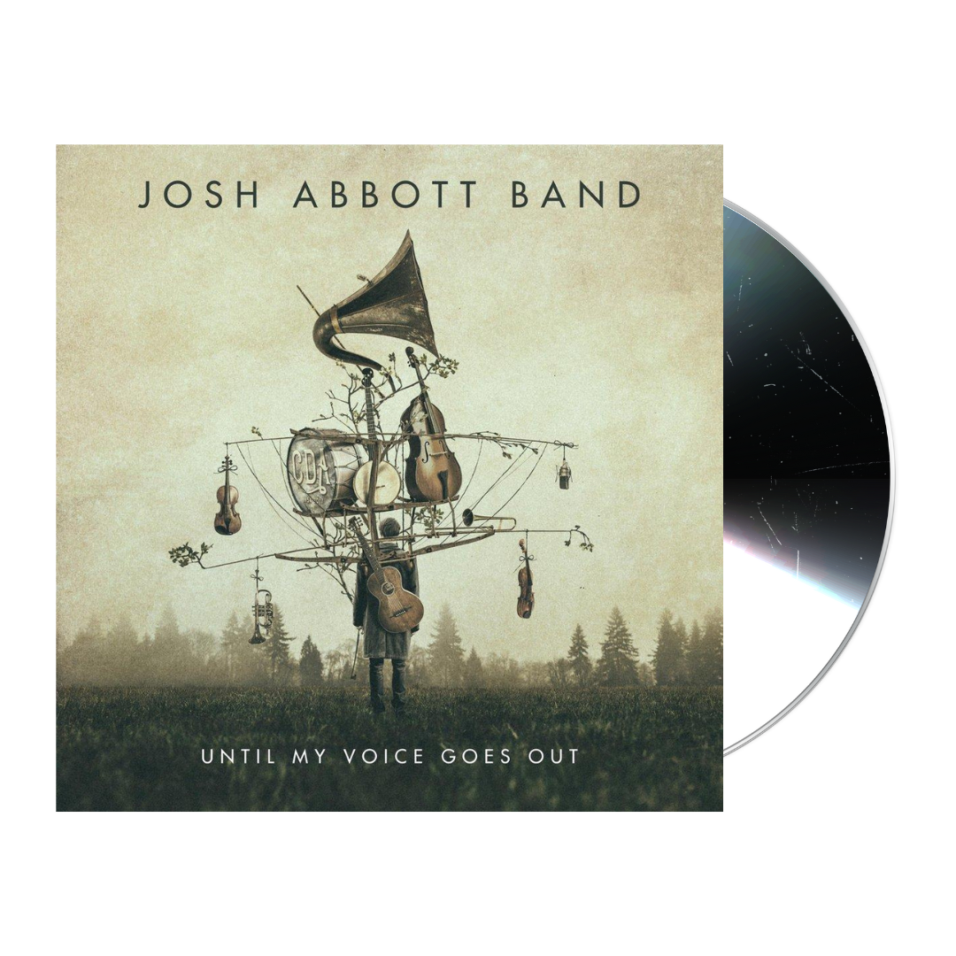 Album cover for Josh Abbott Band’s ’Until My Voice Goes Out’ featuring surreal artwork of musical instruments forming a flying contraption.