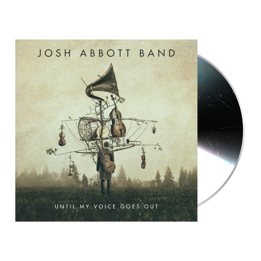 Album cover for Josh Abbott Band’s ’Until My Voice Goes Out’ featuring surreal artwork of musical instruments forming a flying contraption.